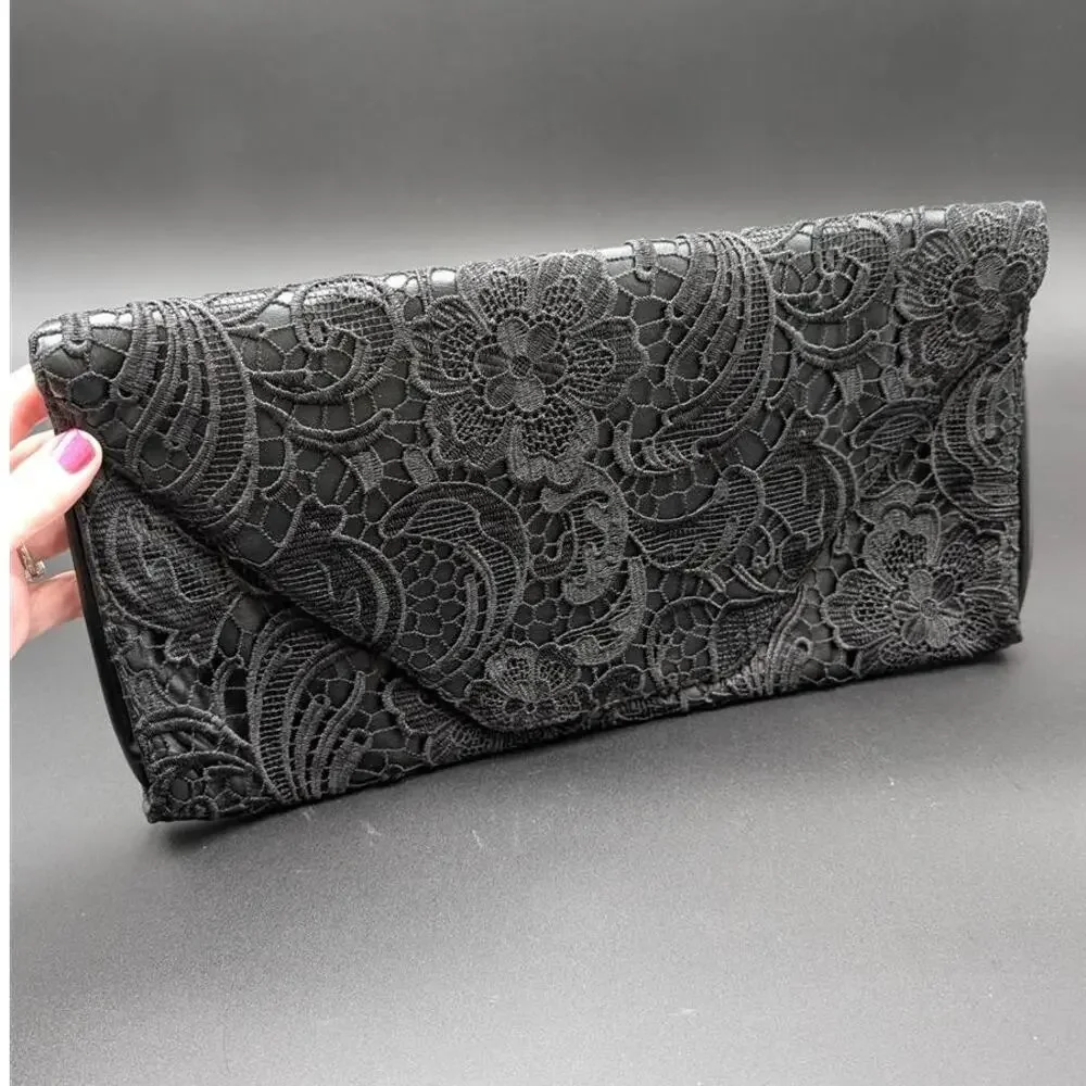 Jessica Simpson Clutch Black Faux Leather Floral Lace Matte Envelope Prom Dance